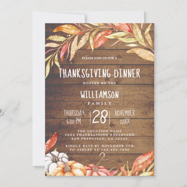 Rustic Pumpkin Golden Foliage Thanksgiving Dinner  Invitation (Front)