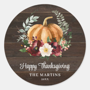 Rustic Pumpkin Happy Thanksgiving Favour Classic Round Sticker