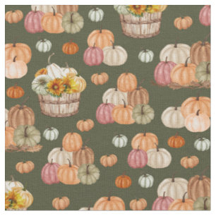 Rustic Pumpkin Harvest on Dark Green Fabric