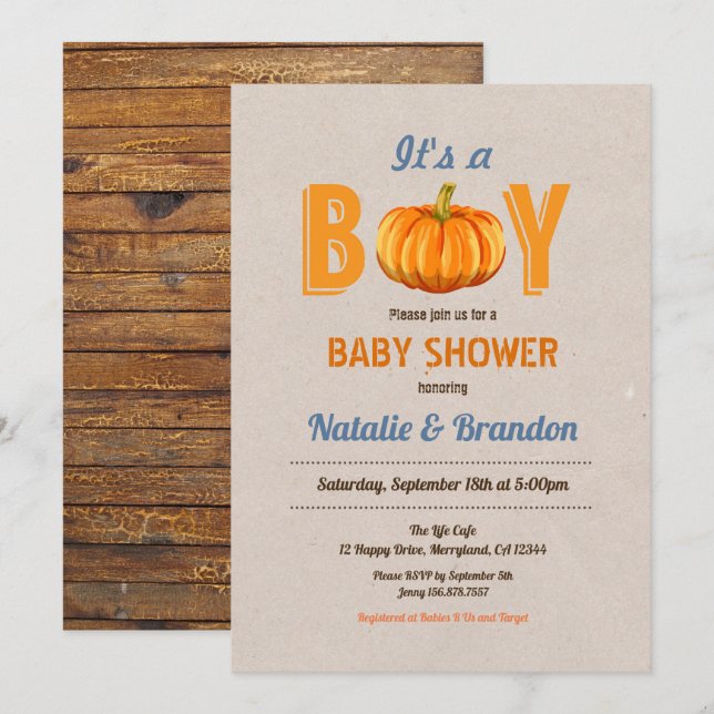 Rustic pumpkin it's a boy baby shower invitation (Front/Back)