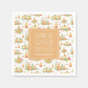 Rustic Pumpkin Leaves Thankful Grateful Blesses Napkin