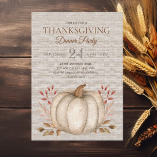 Rustic Pumpkin Linen Thanksgiving Dinner Party   Invitation