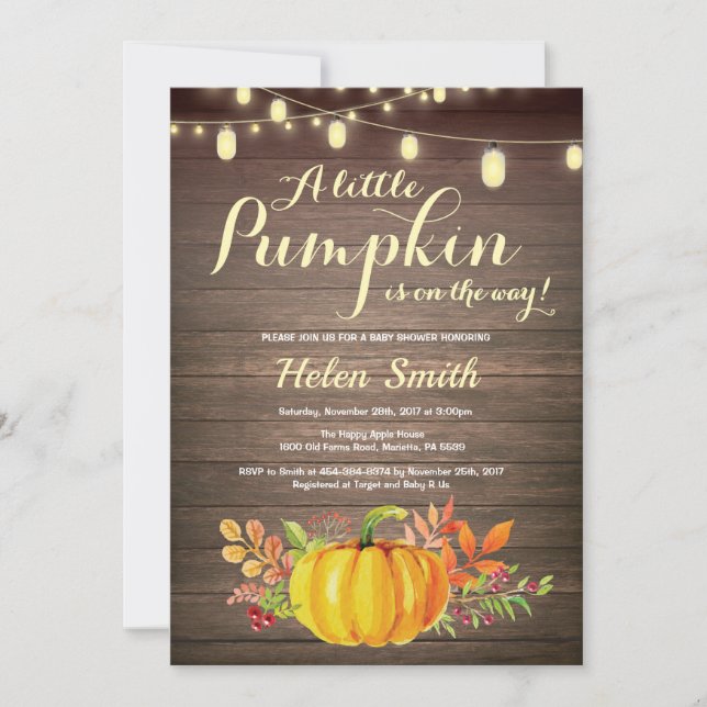 Rustic Pumpkin Mason Jar String Lights Baby Shower Invitation (Front)