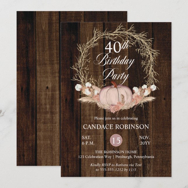 Rustic Pumpkin Pampas Wreath 40th Birthday Party Invitation (Front/Back)