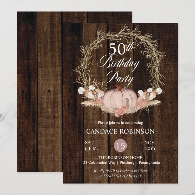 Rustic Pumpkin Pampas Wreath 50th Birthday Party Invitation (Front/Back)