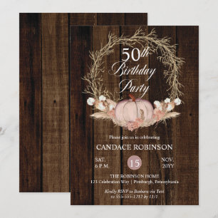 Rustic Pumpkin Pampas Wreath 50th Birthday Party Invitation