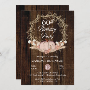 Rustic Pumpkin Pampas Wreath 60th Birthday Party Invitation