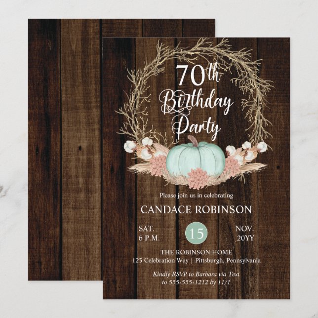 Rustic Pumpkin Pampas Wreath 70th Birthday Party I Invitation (Front/Back)