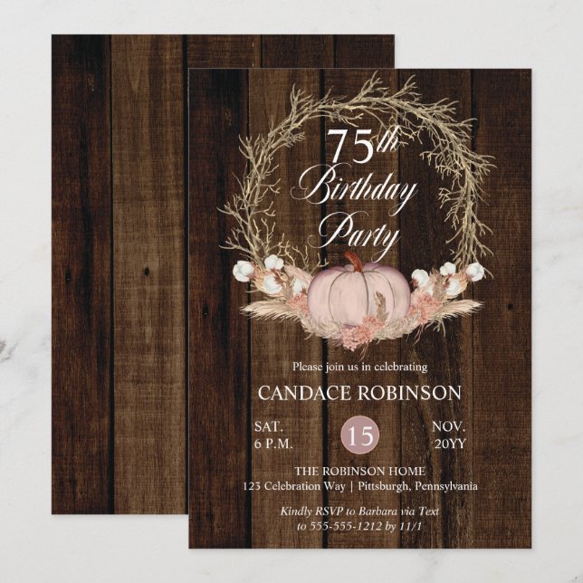 Rustic Pumpkin Pampas Wreath 75th Birthday Party Invitation (Front/Back)