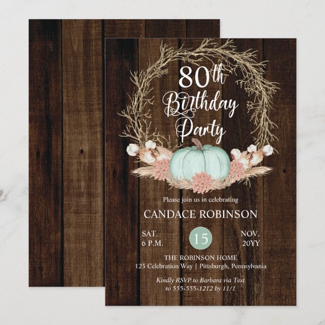 Rustic Pumpkin Pampas Wreath 80th Birthday Party I Invitation (Front/Back)