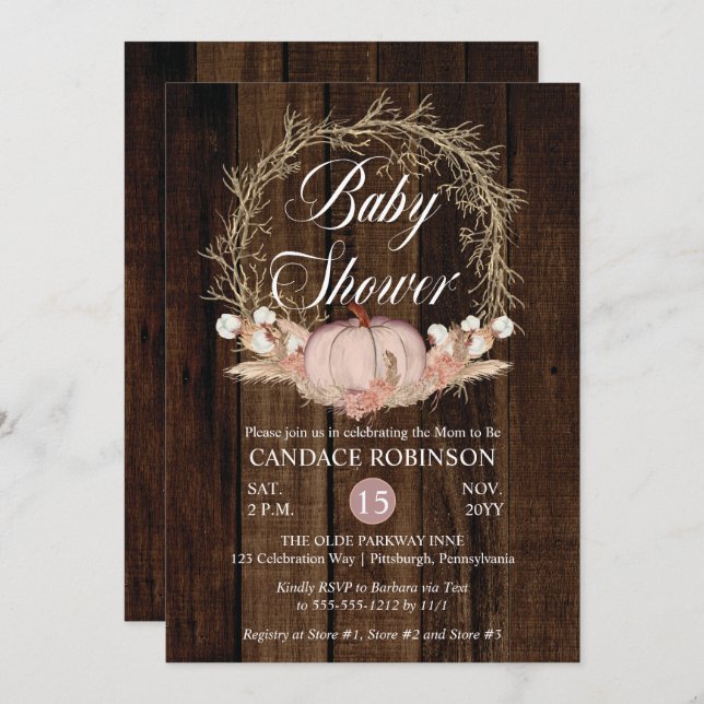 Rustic Pumpkin Pampas Wreath Baby Shower Invitation (Front/Back)