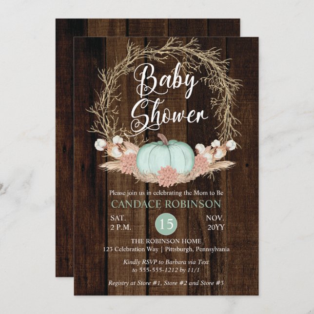 Rustic Pumpkin Pampas Wreath Boy Baby Shower Invitation (Front/Back)