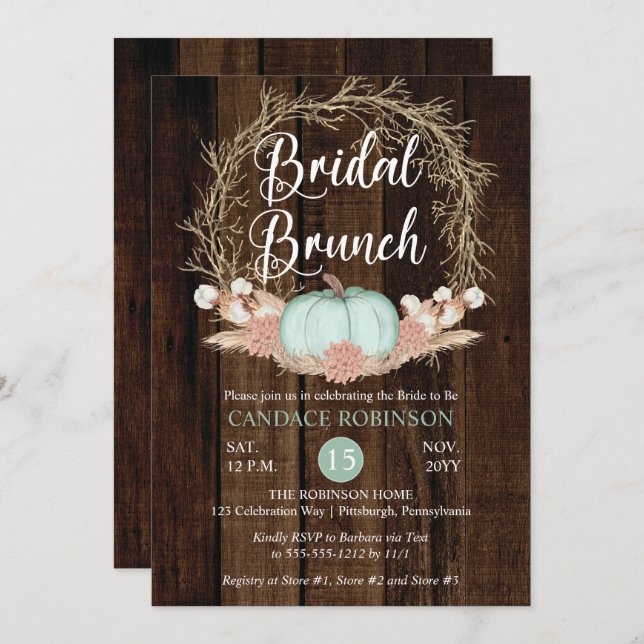 Rustic Pumpkin Pampas Wreath Bridal Brunch Invitat Invitation (Front/Back)