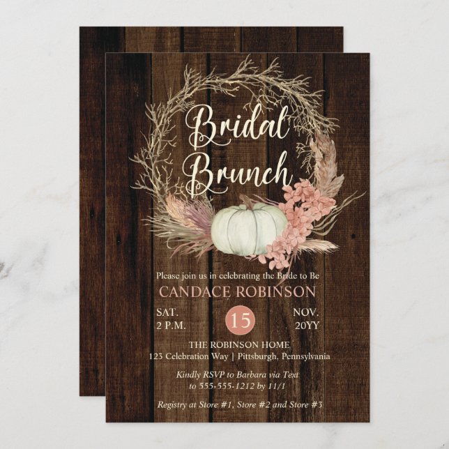 Rustic Pumpkin Pampas Wreath Bridal Brunch Shower Invitation (Front/Back)