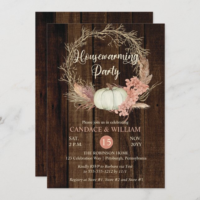 Rustic Pumpkin Pampas Wreath Housewarming Party In Invitation (Front/Back)