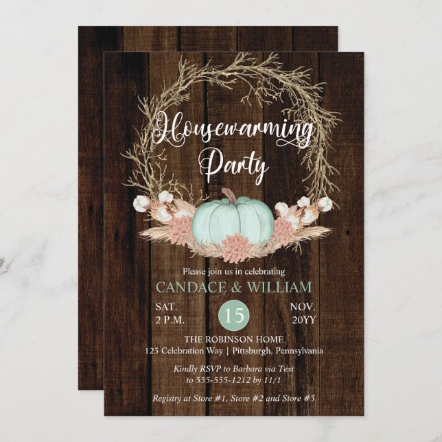 Rustic Pumpkin Pampas Wreath Housewarming Party Invitation (Front/Back)