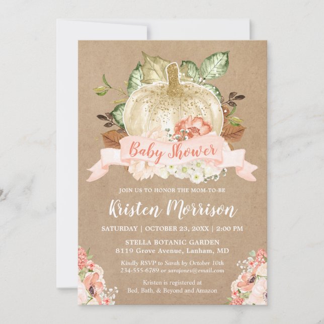 Rustic Pumpkin Peach Floral Fall Baby Shower Invitation (Front)