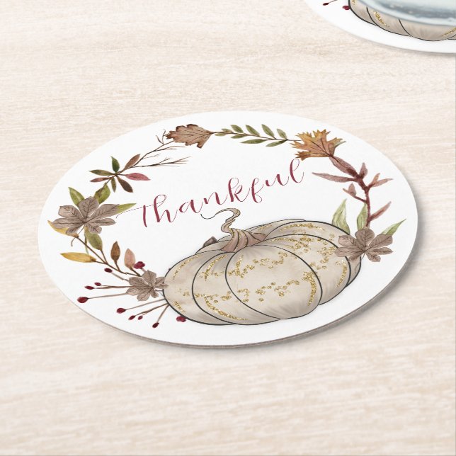 Rustic Pumpkin Personalised Thanksgiving  Round Paper Coaster (Angled)