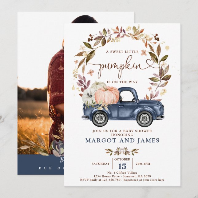 Rustic Pumpkin Pickup Truck Navy Blue Baby Shower Invitation (Front/Back)