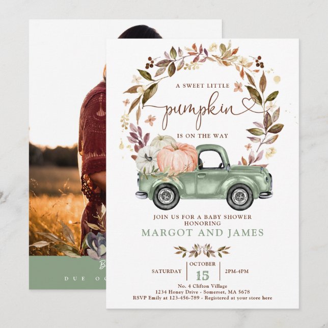 Rustic Pumpkin Pickup Truck Sage Green Baby Shower Invitation (Front/Back)