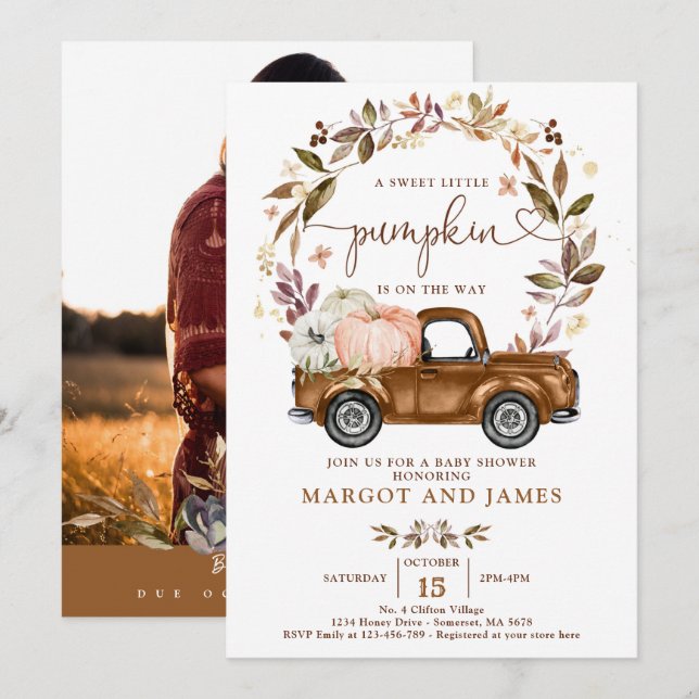Rustic Pumpkin Pickup Truck Terracotta Baby Shower Invitation (Front/Back)
