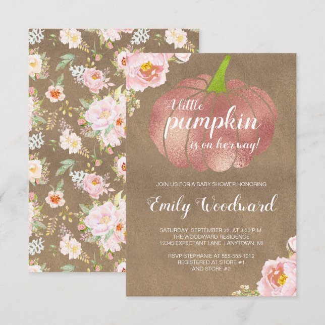 Rustic Pumpkin Pink Floral Girl Baby Shower Invitation (Front/Back)