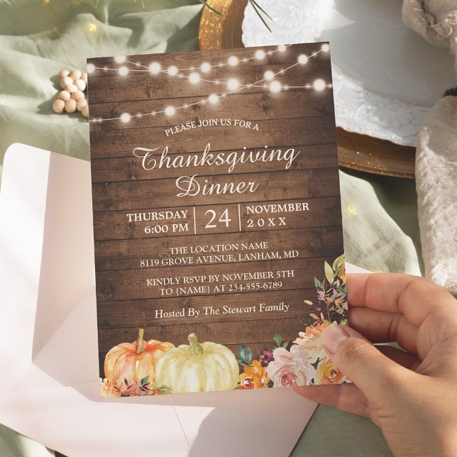 Rustic Pumpkin String Lights Thanksgiving Dinner Invitation (Creator Uploaded)