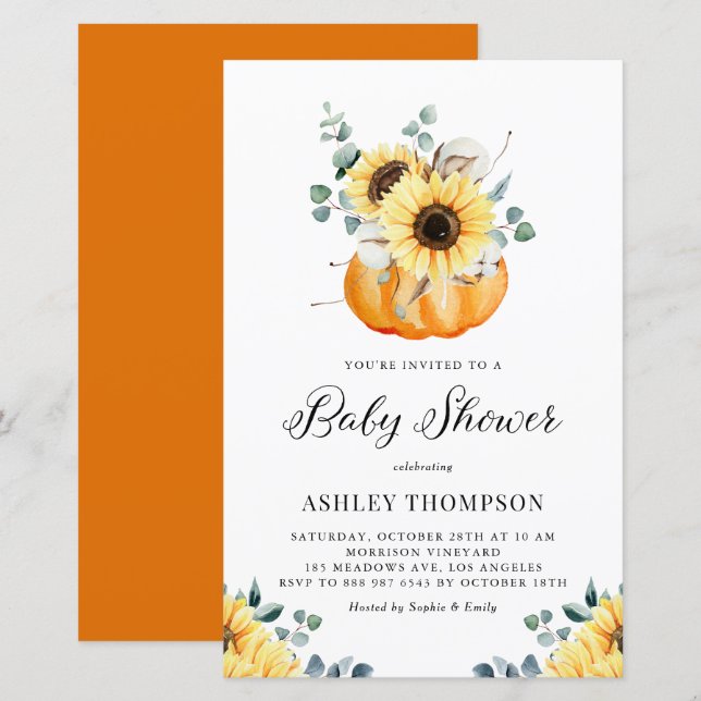 Rustic Pumpkin Sunflower Baby Shower Invitation (Front/Back)