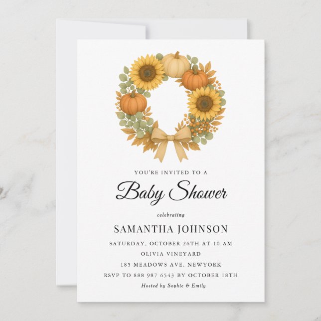Rustic Pumpkin & Sunflower Wreath Fall Baby Shower Invitation (Front)
