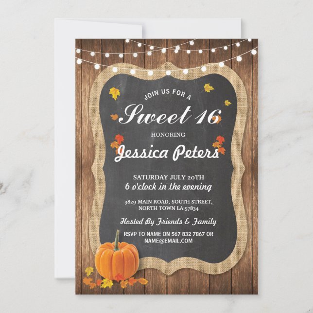 Rustic Pumpkin Sweet 16 Party Chalk Wood Invite (Front)