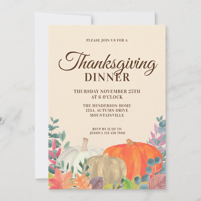 Rustic Pumpkin Thanksgiving Dinner Invitation (Front)