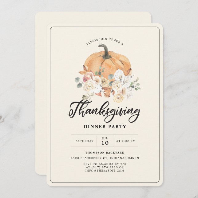 Rustic Pumpkin Thanksgiving Dinner Party Invitation (Front/Back)