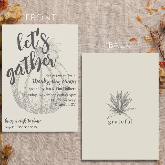 Rustic Pumpkin Thanksgiving Dinner Party Invitation (Let's Gather Elegant Pumpkin Thanksgiving Dinner Invitation)