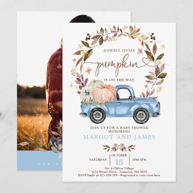 Rustic Pumpkin Truck Baby Blue Baby Shower Invitation (Front/Back)