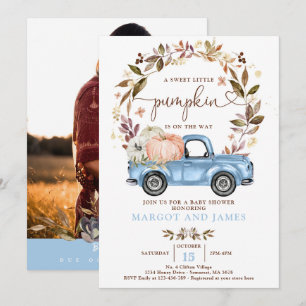 Rustic Pumpkin Truck Baby Blue Baby Shower Invitation