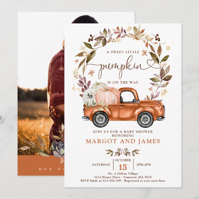 Rustic Pumpkin Truck Burnt Orange Baby Shower Invitation (Front/Back)