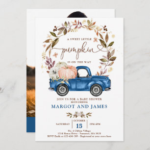 Rustic Pumpkin Truck Classic Blue Baby Shower Invitation