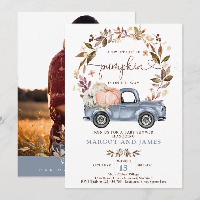 Rustic Pumpkin Truck Dusty Blue Baby Shower Invitation (Front/Back)