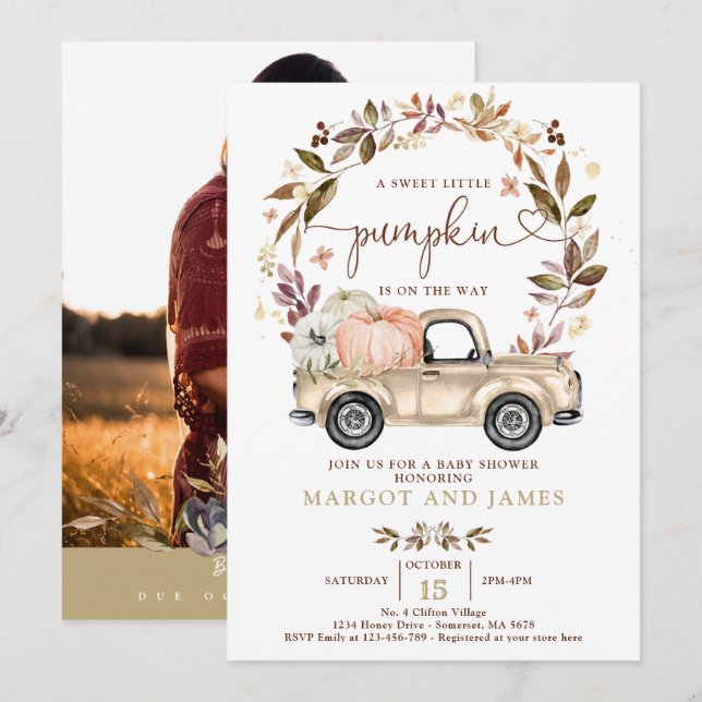 Rustic Pumpkin Truck Muted Tones Baby Shower Invitation (Front/Back)