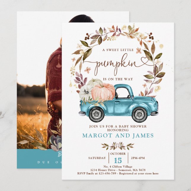 Rustic Pumpkin Truck Sapphire Blue Baby Shower Invitation (Front/Back)