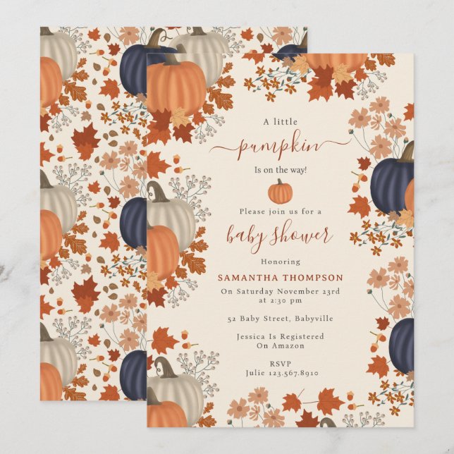 Rustic Pumpkin Wildflowers Fall Autumn Baby Shower Invitation (Front/Back)