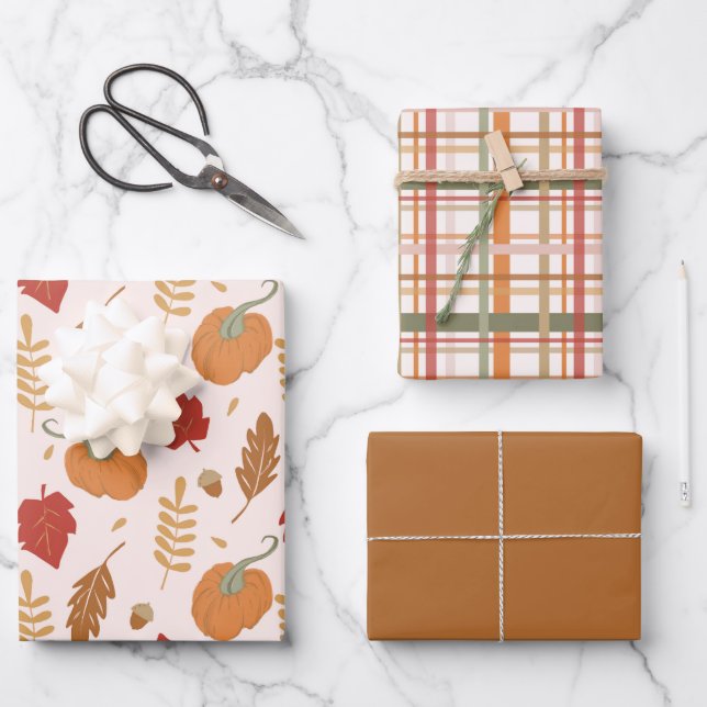 Rustic Pumpkins and Plaid Coordinating Wrapping Paper Sheet (Front)
