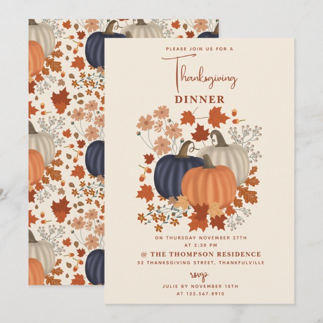 Rustic Pumpkins Wildflowers Thanksgiving Dinner Invitation (Front/Back)