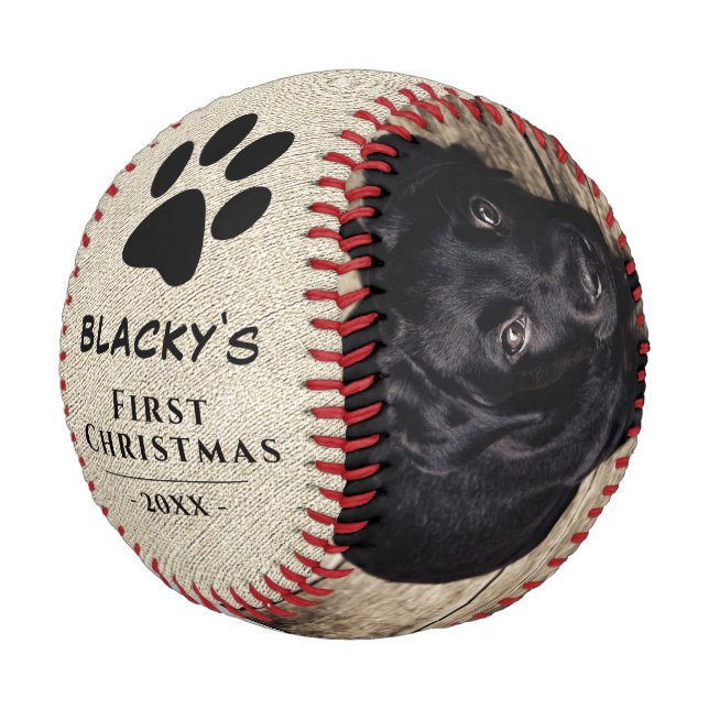 Rustic Puppy First Christmas Dog Paw Photo Collage Baseball (Angled)