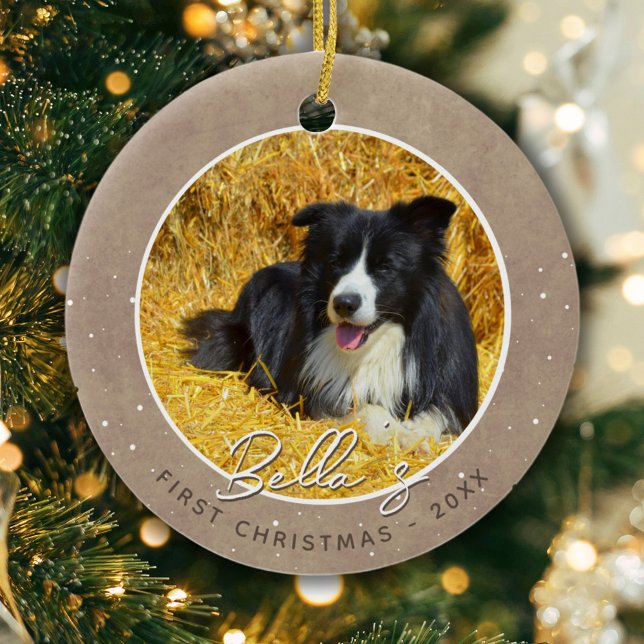 Rustic Puppy First Christmas Dog Photo  Ceramic Tree Decoration (Creator Uploaded)