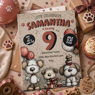 Rustic Puppy Paw-ty Girl's Balloons 9th Birthday  Invitation