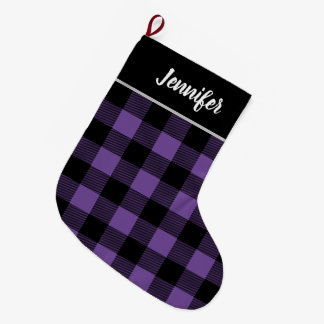 Rustic Purple and Black Buffalo Check Monogram Large Christmas Stocking