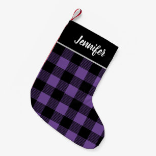 Rustic Purple and Black Buffalo Check Monogram Small Christmas Stocking