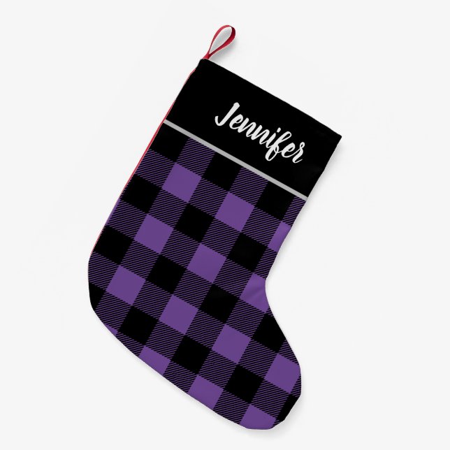 Rustic Purple and Black Buffalo Check Monogram Small Christmas Stocking (Front (Hanging))