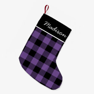 Rustic Purple and Black Buffalo Check Monogram Small Christmas Stocking